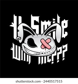 illustration vector graphic of bunny doll head dark with a bandage covering his eyes with text bg