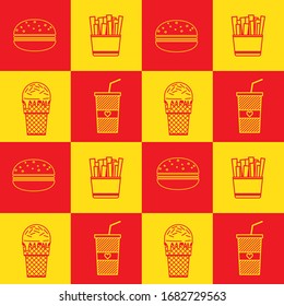 Illustration vector graphic of burger, French Fries, ice cream and soft drink in pattern. Fit to place on packaging design, food court wallpaper, culinary event backdrop, etc.