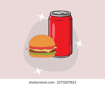 Illustration, Vektorgrafik eines Burgers neben einem Getränk in einer Dose, umgeben von dekorativen grafischen Elementen, die für Vorlage, Speisekarte, Catering, Café-Menü, Fast Food passen
