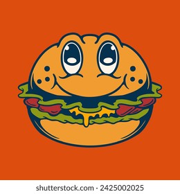 Illustration vector graphic of BURGER RETRO CARTOON CHARACTER for apparel design merchandise, such as logos on product packaging