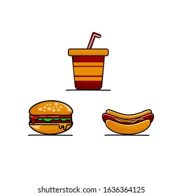 Illustration vector graphic of burger,hot dog, and drinks. good for book cover,food product,restaurant wallpaper design,t-shirt screen printing,etc