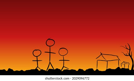 Illustration vector graphic of a burning house. Retro art style hand drawn vector illustration. Outline black hand drawn.