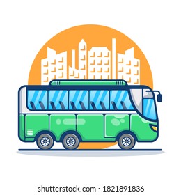 Illustration vector graphic of Bus Transportation. Bus with City Silhouette in background. Flat cartoon style perfect for sticker, wallpaper, icon, landing page, website.