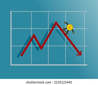 ilustración vectorial gráfico negocios caída flechas patines de monedas, adecuado para hombres de negocios, finanzas de negocios, finanzas y economía, etc.