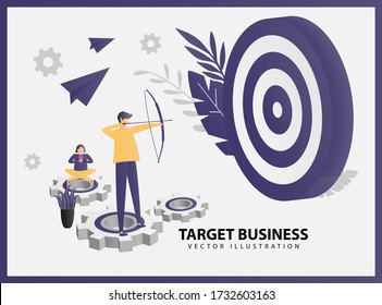 Illustration vector graphic of Business goal with the target archery and playing laptop. Target with an arrow, hit the target, goal achievement. Symbol of teamwork, cooperation, partnership.