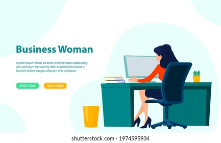 Illustration vector graphic of Business woman at work. Office worker behind the desk. Perfect for logos, web pages, business themed banners, offices.