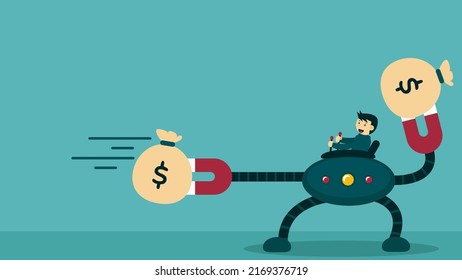 Illustration vector graphic of businessman cartoon character earn money using robotic magnet. Suitable for make money activity, finance education, business motivation, etc.