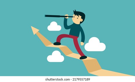 Illustration vector graphic of businessman cartoon character using telescope above the curve statistics. Describe a prediction about business and financial activity in the future. 