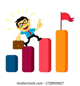 Illustration Vector Graphic of businessman or employee in cartoon grow up to success with glasses and icon of growing sales chart. Concept of presentation, meeting, financial report or business plan