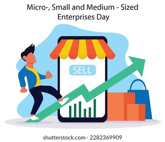 illustration vector graphic of a businessman rides a bar chart cycle, perfect for international day, micro, small and medium, sized, enterprises day, celebrate, greeting card, etc.