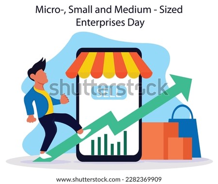 illustration vector graphic of a businessman rides a bar chart cycle, perfect for international day, micro, small and medium, sized, enterprises day, celebrate, greeting card, etc.