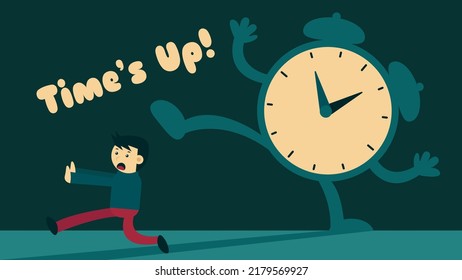 Illustration vector graphic of businessman running from giant clock. Describe a deadline in business schedule. 