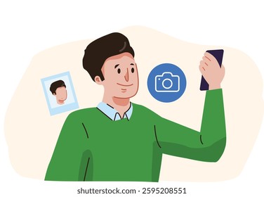 Illustration vector graphic of businessman selfie at phone for collecting some data