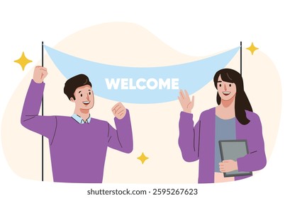 Illustration vector graphic of businessman and woman greetings happy