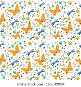 illustration vector graphic of butterfly, dragonfly, and flowers fit to place background,wallpaper,seamless pattern,pattern,etc.