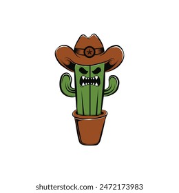 Illustration vector graphic cactus horror with cowboy hat in pot