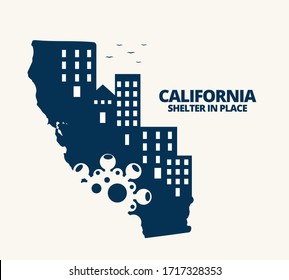 Illustration vector graphic of California map with coronavirus symbol inside. The Buildings on blue map of California state, USA. Stay home to prevent spread of COVID-19. Shelter in place concepts.