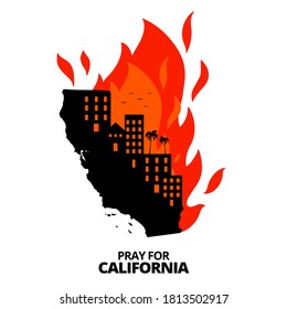 Illustration vector graphic of California map with creek fire. The Buildings on map of California state, USA. Pray for California's Creek Fire concept. Flat style for banner design. Graphic elements.