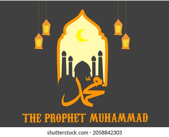 Illustration vector graphic of
calligraphy of the name of the prophet muhammad, mosque, moon and chandelier perfect for use on the birthday of the prophet muhammad, article images, wallpapers, and the