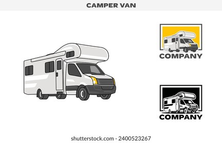 Illustration vector  graphic of camper Van , colorful and black and white color variation,  Logo Badge Template vector