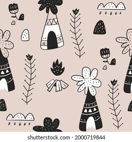 Illustration vector graphic of camping in the forest, perfect for background, fabric or object pattern, printing ,warping, textile etc.