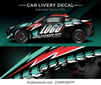 Illustration vector graphic of car wrap decal with black green red colour. Livery design for Racing car, Contest or Daily use