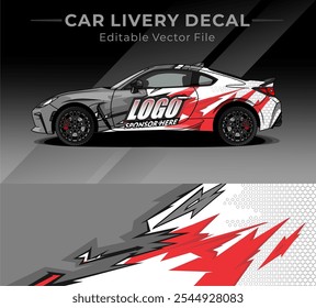 Illustration vector graphic of car wrap decal with grey white red colour. Livery design for Racing car, Contest or Daily use