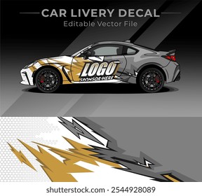 Illustration vector graphic of car wrap decal with white grey gold colour. Livery design for Racing car, Contest or Daily use