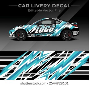 Illustration vector graphic of car wrap decal with white black cyan colour. Lightning Livery design for Racing car, Contest or Daily use