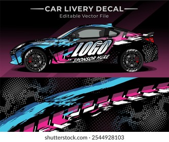 Illustration vector graphic of car wrap decal with black blue pink colour. Livery design for Racing car, Contest or Daily use