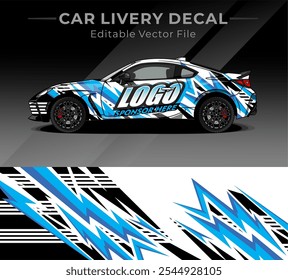 Gráfico vetorial de ilustração de decalque de envoltório de carro com cor azul preto branco. Lightning Livery design para carro de corrida, Concurso ou uso diário