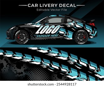 Illustration vector graphic of car wrap decal with black cyan colour. Livery design for Racing car, Contest or Daily use