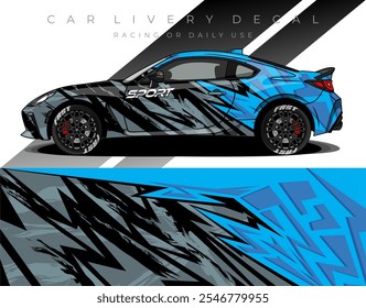 Illustration vector graphic of car wrap design. Car livery with black blue grey  colour. suittable for racing car, rally car or daily use