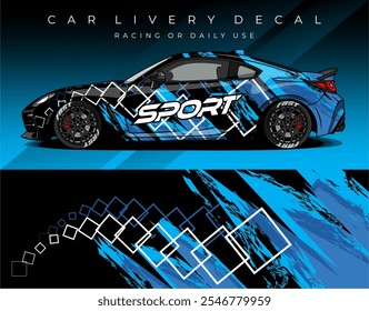 Ilustración Vector gráfico de diseño de envoltura de coche. Librea del coche con el color azul negro. conveniente para el coche de carreras, el coche de rally o el uso diario