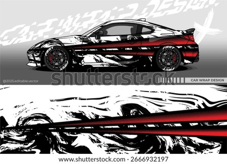 Illustration vector graphic of Car wrap decal with abstract design. Black red white colour. Editable car livery. Vinyl sticker template mockup for racing car, drift , rally or daily use.