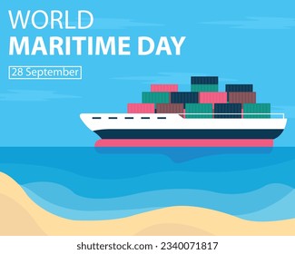 ilustración vectorial del buque de carga en medio del mar, con vistas de la costa, perfecto para el día internacional, el día marítimo mundial, celebración, tarjeta de saludo, etc.