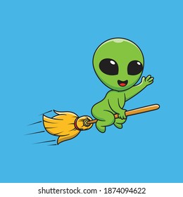 Illustration vector graphic of cartoon alien riding a broomstick. Flat cartoon style suitable for web landing page, banner, flyer, sticker, card, children books and etc.