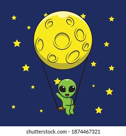 Illustration vector graphic of cartoon aliens greeting on a swing with the moon.