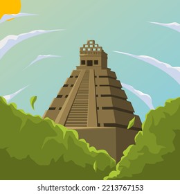 Illustration Vector Graphic Cartoon Art Of Ancient Ethnic Pyramid Temple At Sunny Sky Daylight With Cloud. Good To Use For Background, Adventure, Nature, Ethnic, History And Kids Education Content.