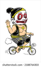 Illustration vector graphic cartoon of bagong wayang character riding a folding bike . He wears puppet clothes and is very happy, fun . Suitable for posters, banners, t-shirts, logo, icon, etc. svg