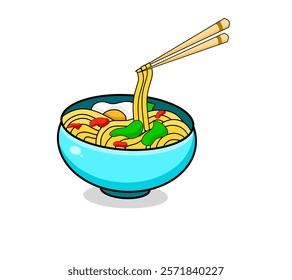 illustration vector graphic of cartoon bowl of noodles with egg and vegetables and chopsticks suitable for breakfast design