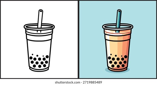 	
Vector de ilustración Dibujos animados gráficos de un té de leche de burbuja en taza de plástico con paja