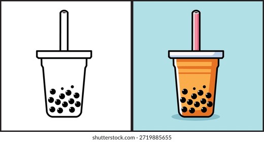 	
Vector de ilustración Dibujos animados gráficos de té de burbuja con paja rosa en taza de plástico