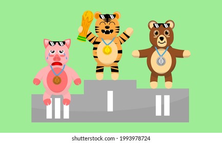 Illustration vector graphic cartoon of championship podium with cute tiger as winner. Childish cartoon design suitable for product design of children's books, t-shirt etc
