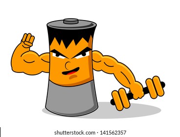 illustration vector graphic of cartoon character battery bring a dumbbell showing his power