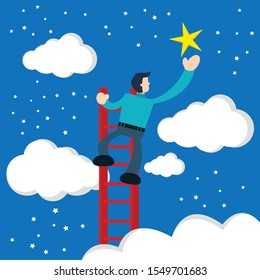 Illustration vector graphic cartoon character of businessman touches the stars using the stairs