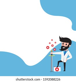 Illustration vector graphic cartoon character of male doctor with beard holding sword for poster or infographic template with blank space