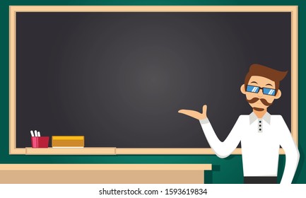 Illustration vector graphic cartoon character of teacher, teaching in front of chalkboard  