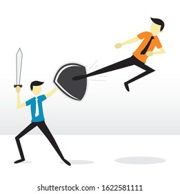 Illustration Vector Graphic Cartoon Character of Two Businessman Show Competition Activity with Swords and Shields