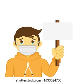Illustration vector graphic cartoon character of boy wear masker holding a blank sign. Looks like worry about virus.